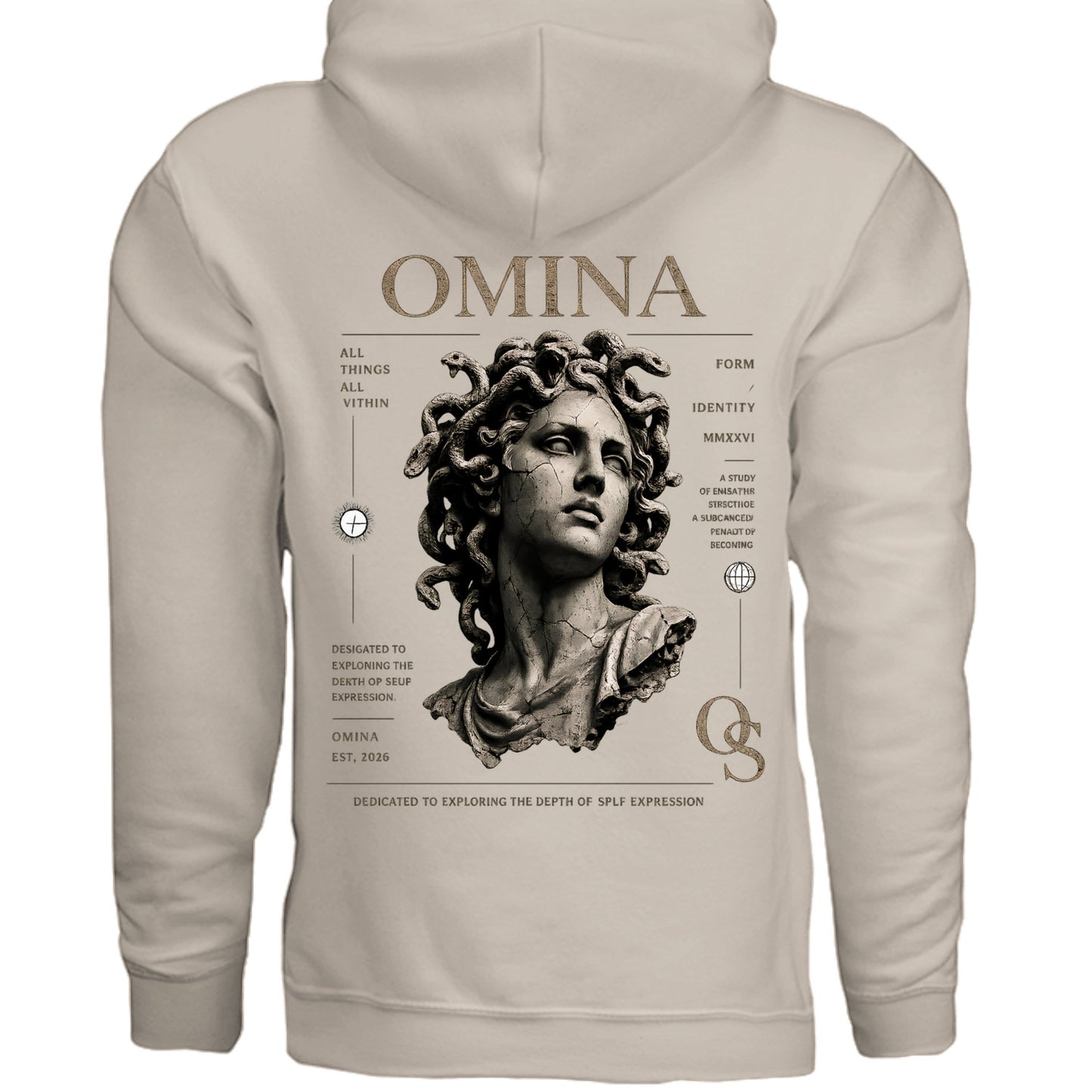 Omina Studio beige graphic hoodie with Medusa bust print and text details. Relaxed fit, long sleeves, and crew neck.