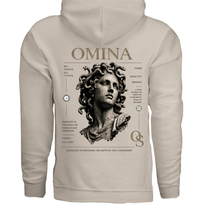 Omina Studio beige graphic hoodie with Medusa bust print and text details. Relaxed fit, long sleeves, and crew neck.
