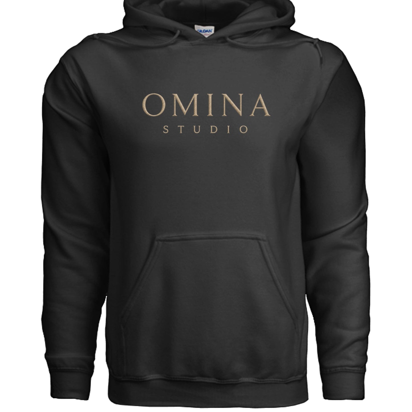 Omina Studio black essential hoodie with embroidered logo and kangaroo pocket.