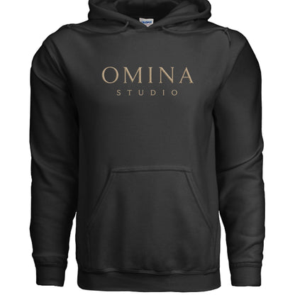 Omina Studio black essential hoodie with embroidered logo and kangaroo pocket.