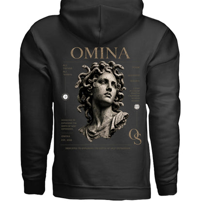 Omina Studio black cotton hoodie with a graphic print of Medusa's head and text details.