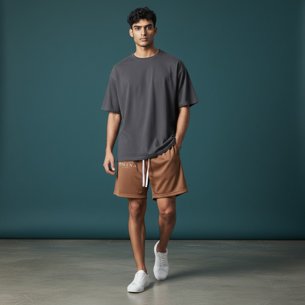 Omina Studio brown mesh drawstring shorts with relaxed fit and minimal branding.
