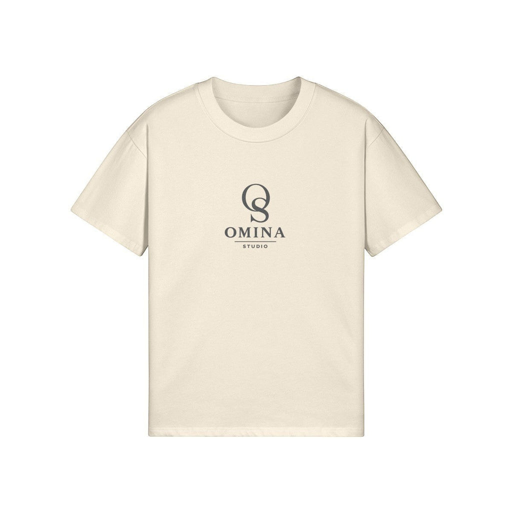 Omina Studio cream relaxed fit cotton t-shirt with subtle logo on chest.