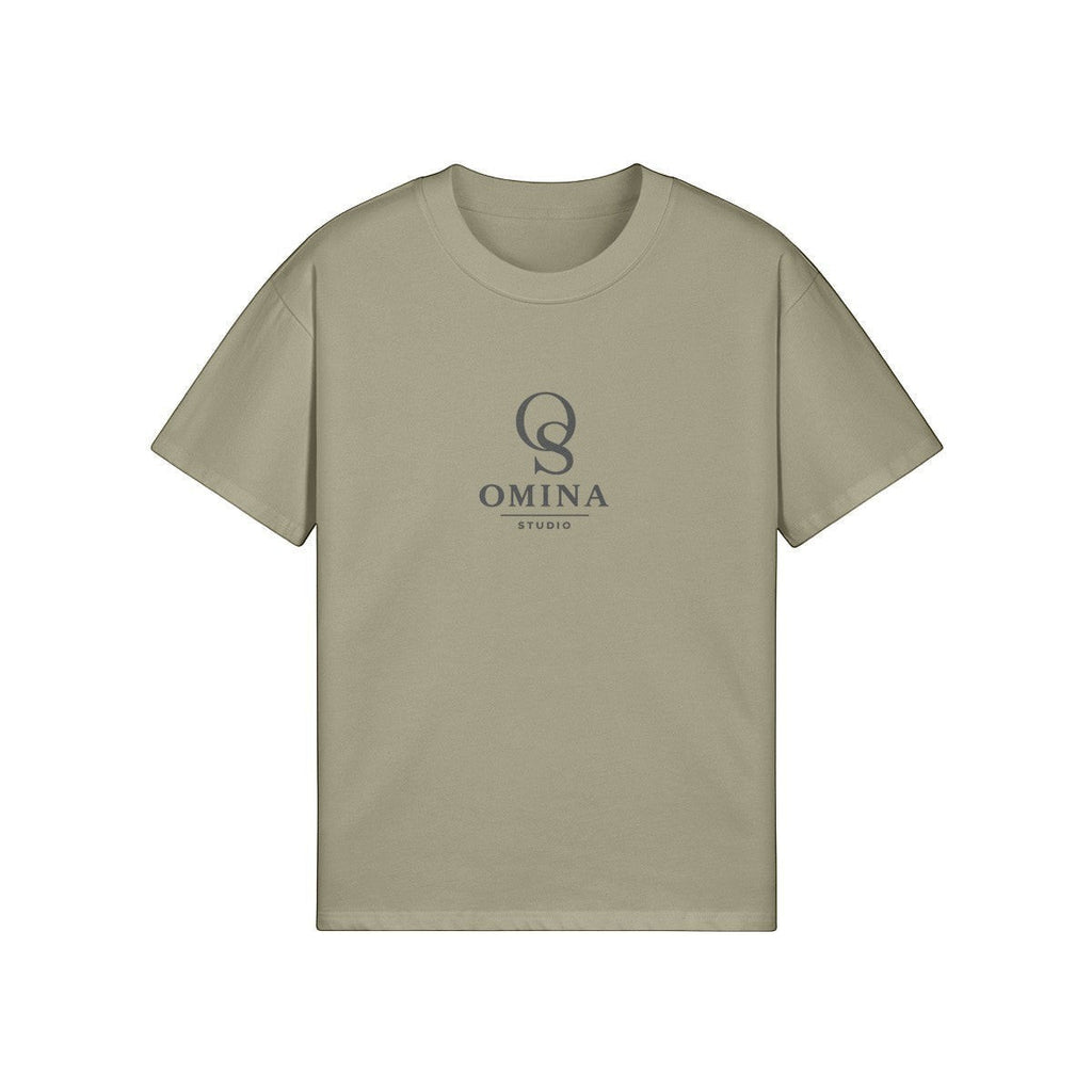Omina Studio relaxed fit t-shirt in light olive green cotton with a subtle grey logo on the chest.
