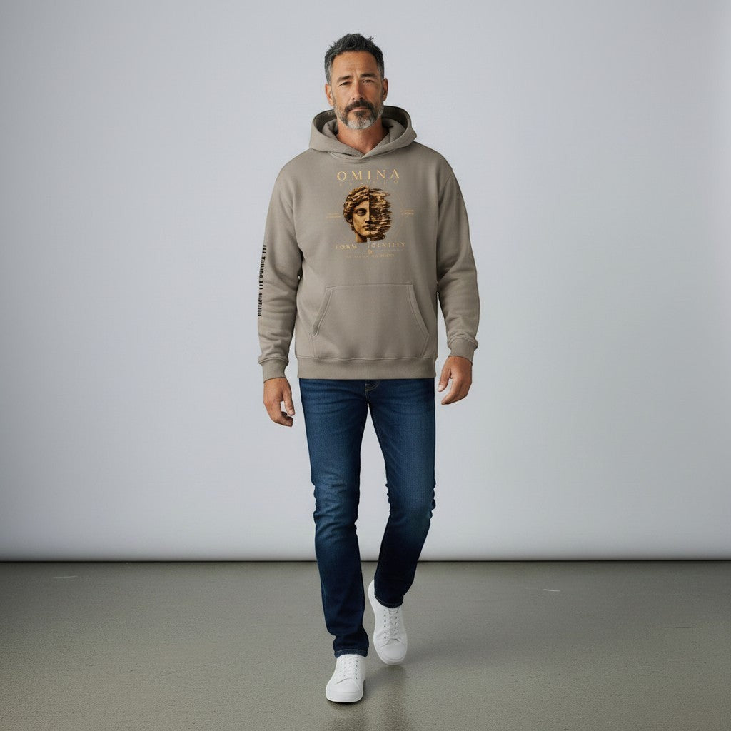 Omina Studio taupe oversized fleeced hoodie with a graphic print of a split statue head and text.