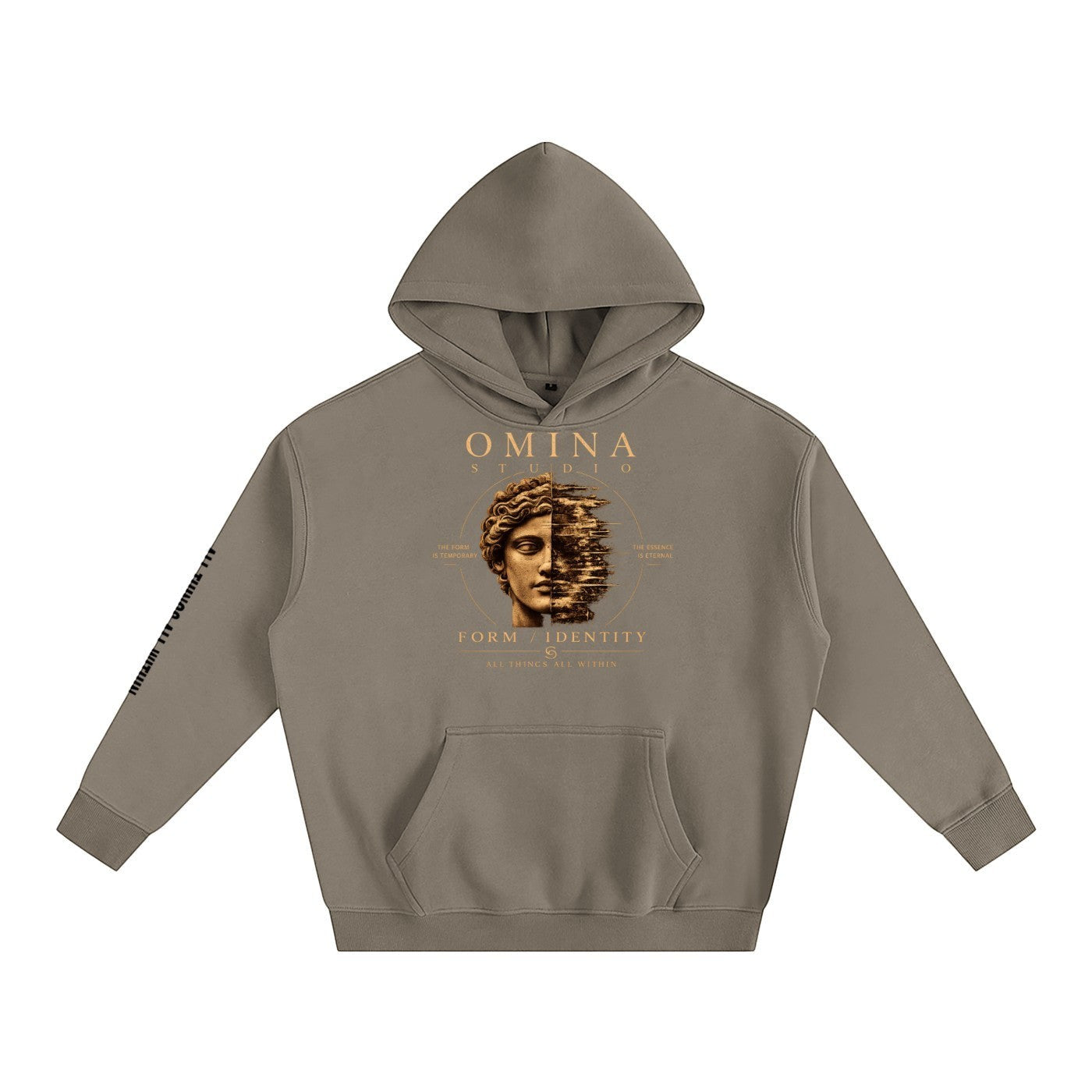 Omina Studio taupe oversized fleeced hoodie with a graphic print of a split face and text.