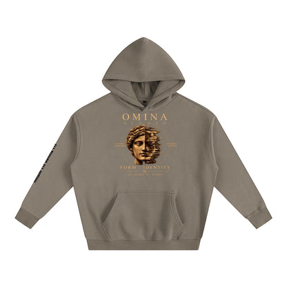 Omina Studio taupe oversized fleeced hoodie with a graphic print of a split face and text.