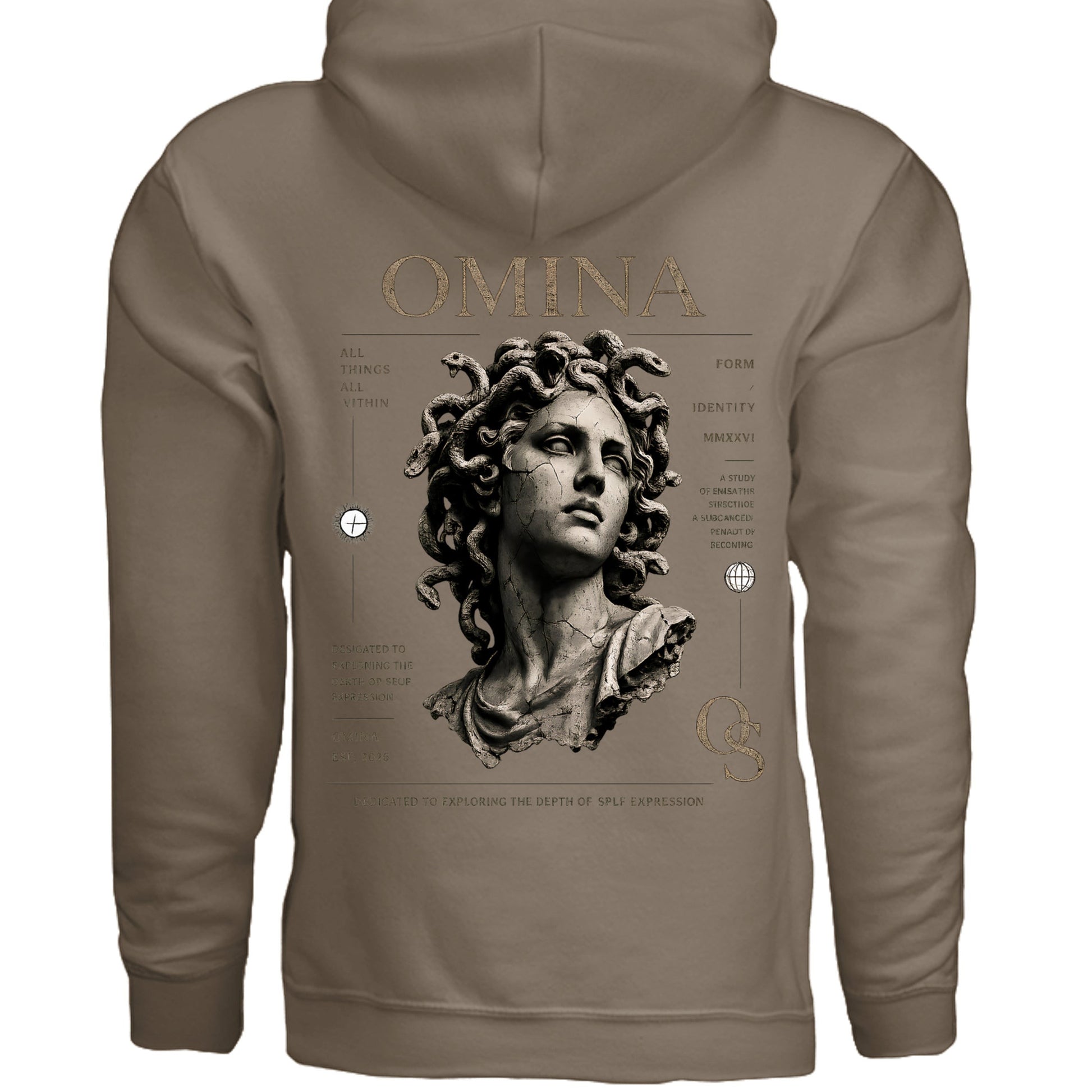 Omina Studio taupe graphic hoodie with a Medusa bust print and text details.