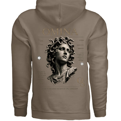 Omina Studio taupe graphic hoodie with a Medusa bust print and text details.