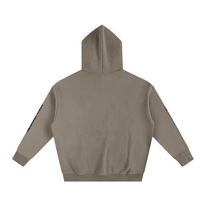 Omina Studio taupe oversized fleeced hoodie with subtle logo detail on left sleeve. Heavyweight cotton blend for warmth and structure.