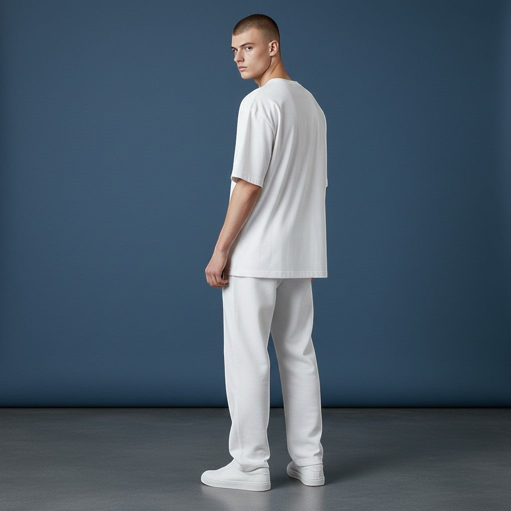 Omina Studio white relaxed fit cotton t-shirt and matching trousers set on a male model.
