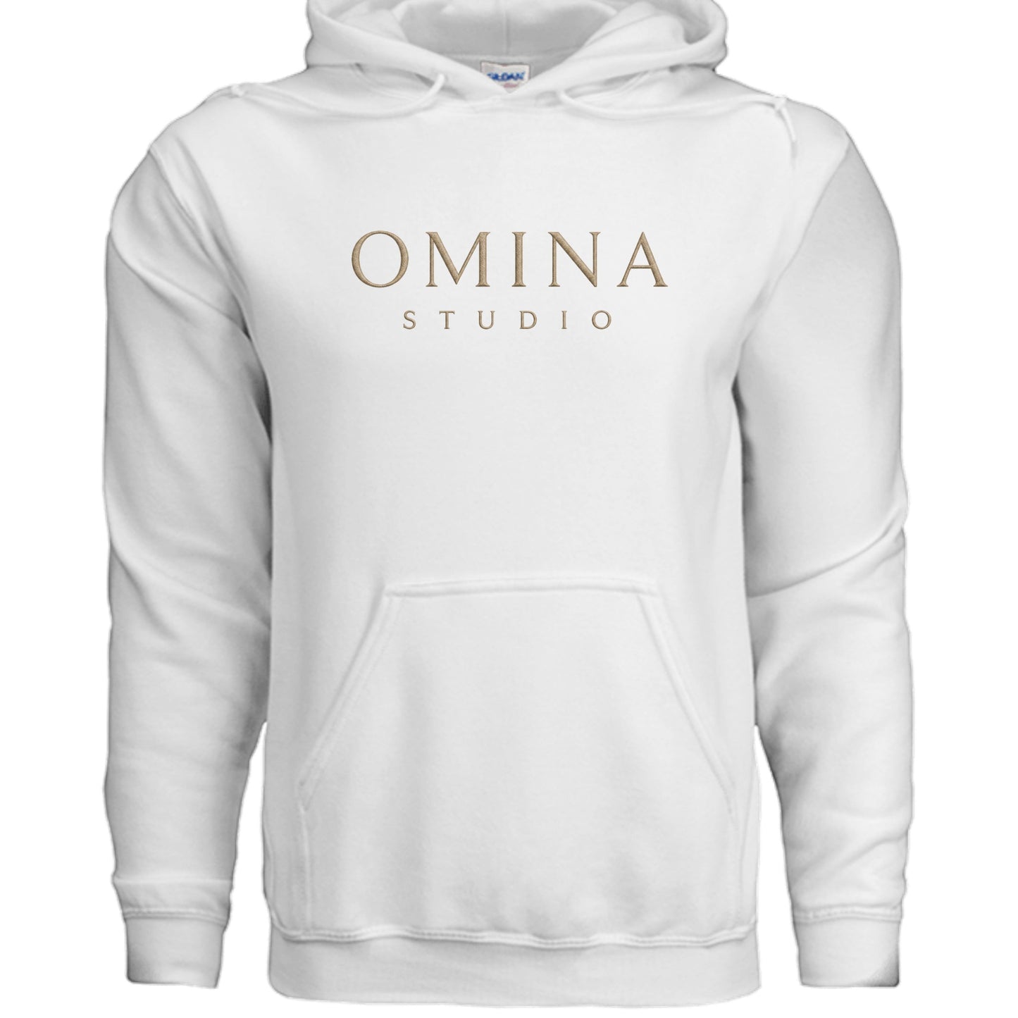 Omina Studio white essential hoodie with a classic kangaroo pocket and minimalist logo. Made from a soft, durable fabric blend.