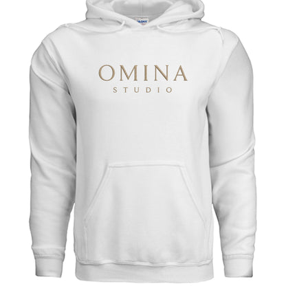 Omina Studio white essential hoodie with a classic kangaroo pocket and minimalist logo. Made from a soft, durable fabric blend.