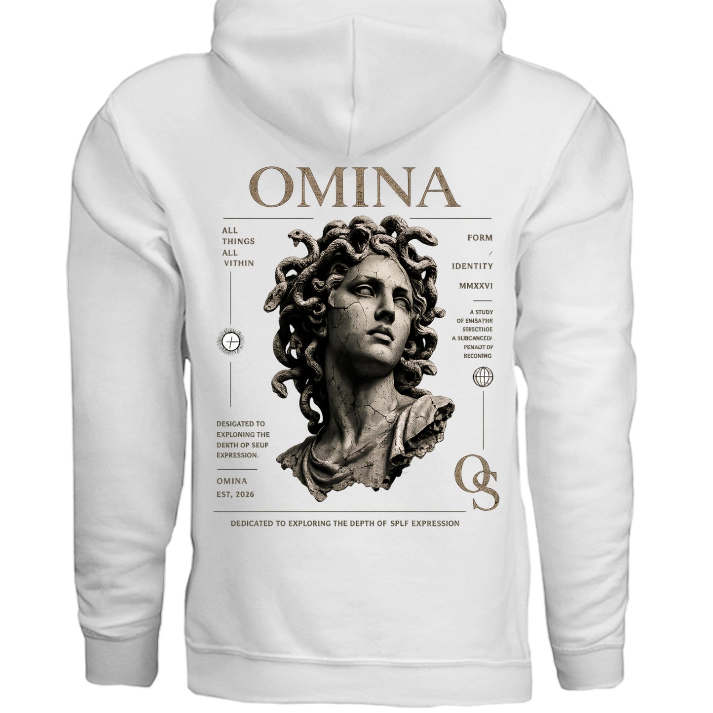 Omina Studio white essential hoodie with a graphic print of Medusa's head and text details.