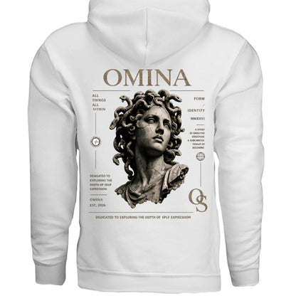 Omina Studio white essential hoodie with a graphic print of Medusa's head and text details.